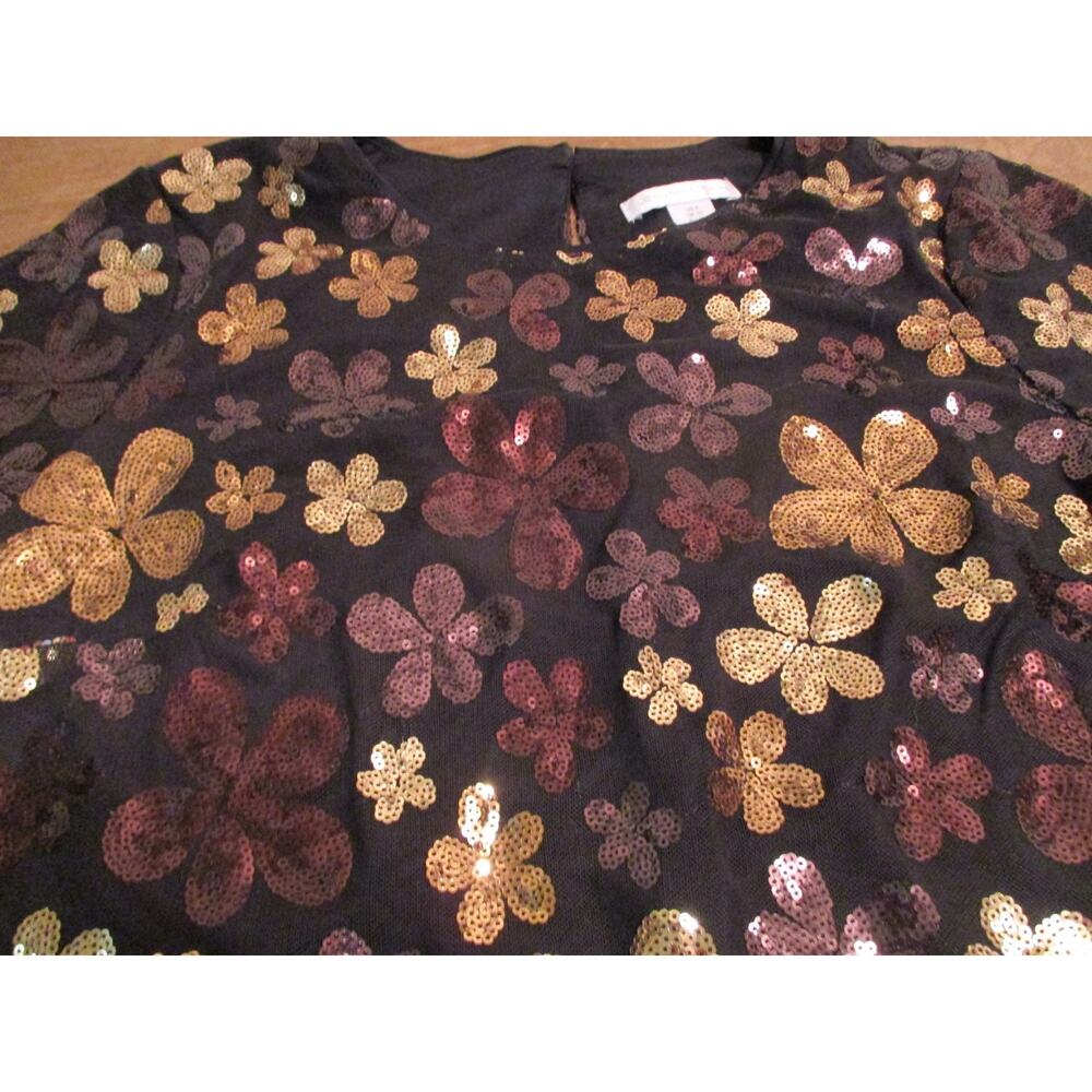 LONDON TIMES BLACK GOLD SEQUINS FLORAL PULLOVER SHORT SLEEVE DRESS SIZE 6 - Picture 3 of 4